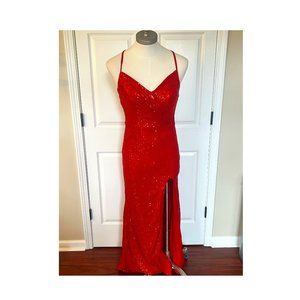Red Sequin Mermaid Prom Dress V Neck with Slit